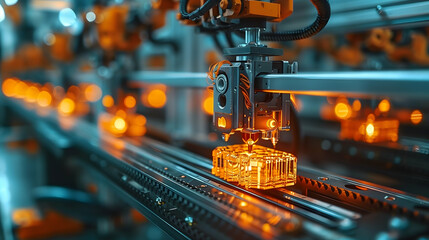 A detailed close-up of a high-tech 3D printing machine in action, with glowing orange lights highlighting the precision and sophistication of the manufacturing process.