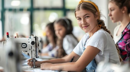 Young woman sewing on a machine