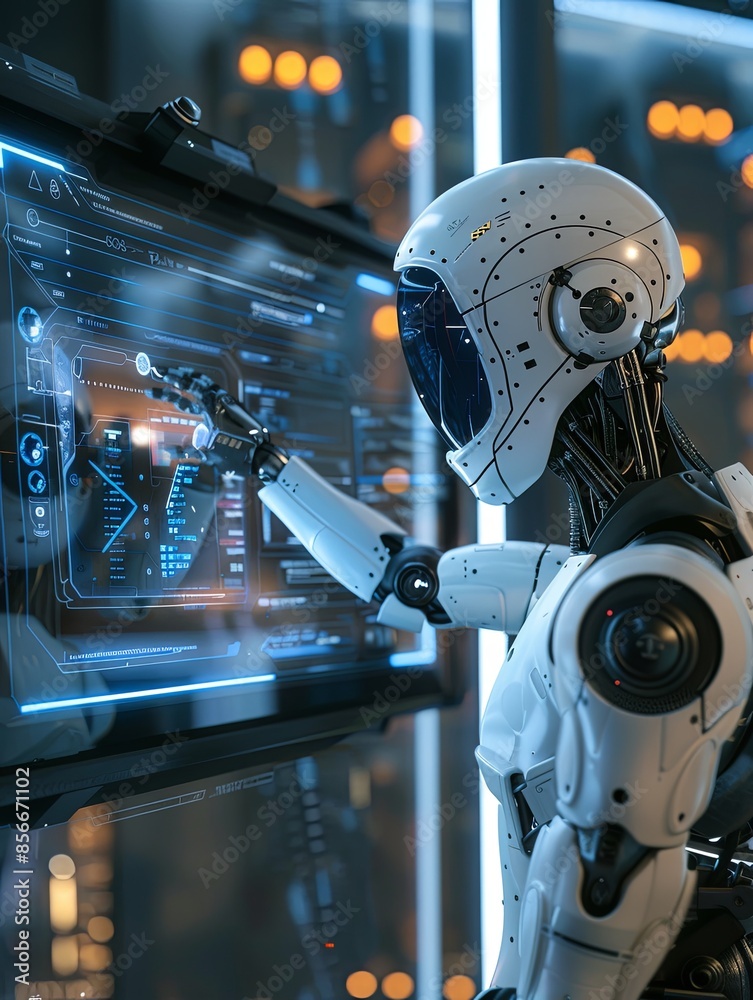 Aufkleber A humanoid robot with a sleek, white exterior interacts with a touchscreen interface, displaying various AI functions and options, in a futuristic, modern setting. Generative AI