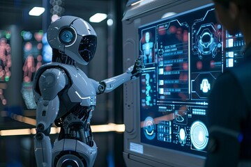A humanoid robot interacts with a touchscreen interface in a sleek, modern setting. The screen displays various AI functions and options. Generative AI