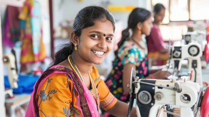 Young woman smiling while working on sewing machine in garment factory