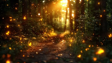 Enchanted Woodland Path, Magical Flying Insects, Glowing Fireflies, Glowing Firefli