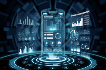 Naklejka premium A futuristic holographic interface showcasing digital transformation in business, illustrating innovation and technology integration in a corporate environment 
