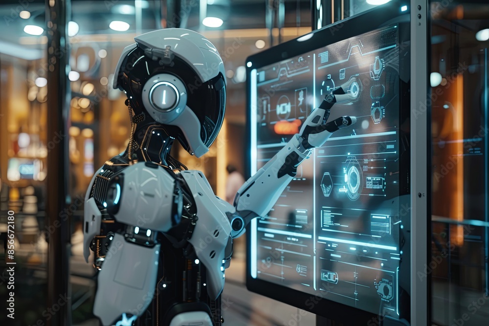 Aufkleber In a modern setting, a black and white humanoid robot utilizes a touchscreen display to showcase its advanced AI functions and capabilities. Generative AI