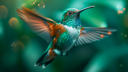 Fototapeta premium A hummingbird hovers with wings outstretched. Its iridescent feathers shimmer against a blurred green backdrop, capturing a moment of delicate grace
