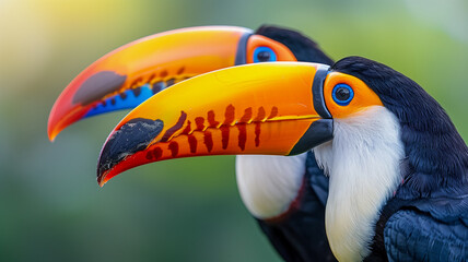 Fototapeta premium Two colorful toucans showcase their vivid beaks. The birds’ striking features stand out against a soft, blurred background, highlighting nature’s artistry.