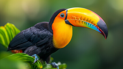 Fototapeta premium A colorful toucan with a striking beak sits among vibrant foliage. Its vivid plumage contrasts with the soft, blurred background, highlighting the bird’s exotic beauty