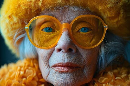fashion portrait of a elderly beautiful woman closeup face , looking at the camera, surreal mood, yellow tones, hat and big sunglasses palette colors