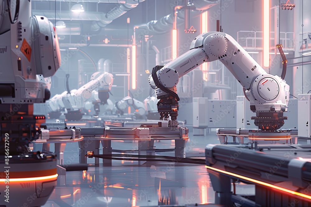 Leinwandbilder A clean, efficient, and industrial environment featuring a high-tech manufacturing plant with robotic arms and automated systems controlled by AI to optimize production processes. Generative AI