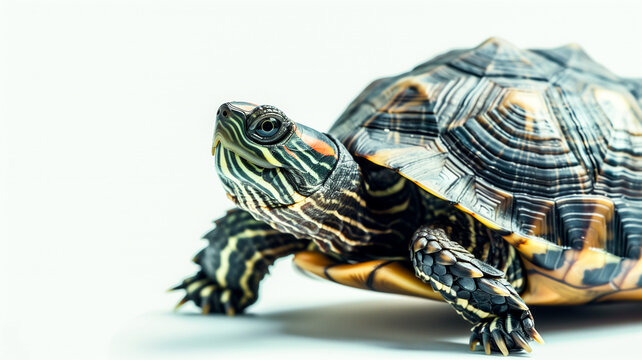 A turtle with striped patterns stands out against white. Its textured shell and gaze are captured in detail