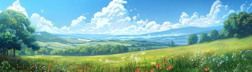Obraz premium Green rolling hills stretch into the distance, dotted with trees and shrubs. The sky is a clear blue with fluffy white clouds.