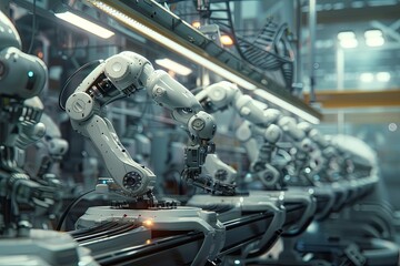 A row of robotic arms work in a clean and efficient high-tech manufacturing plant, optimizing production processes with AI. Generative AI