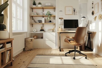 Minimalist Home Office with Sleek Desk and Ergonomic Chair - Modern Remote Work Environment, Concept of Productivity