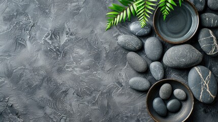 Obraz na płótnie Canvas Top view of luxurious spa stones arrangement on gray concrete background Spa ambiance with space for text Beauty and wellness theme