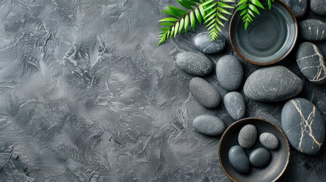 Top view of luxurious spa stones arrangement on gray concrete background Spa ambiance with space for text Beauty and wellness theme