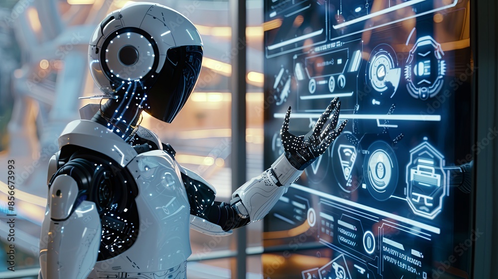 Fototapete A white humanoid robot with a touchscreen interface interacts with a human in a sleek, modern setting. Generative AI