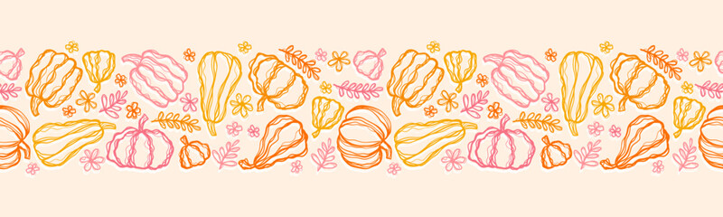 Beautiful pumpkin halloween thanksgiving seamless pattern, cute cartoon pumpkins hand drawn background, great for seasonal textile prints, holiday banners, backdrops or wallpapers - vector surface