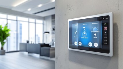 A sleek, modern control panel mounted on a contemporary wall displays various home automation options, including lighting, security, and climate control. Generative AI