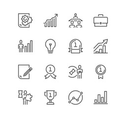 Set of business people related icons, goal, management, achieve and linear variety vectors.
