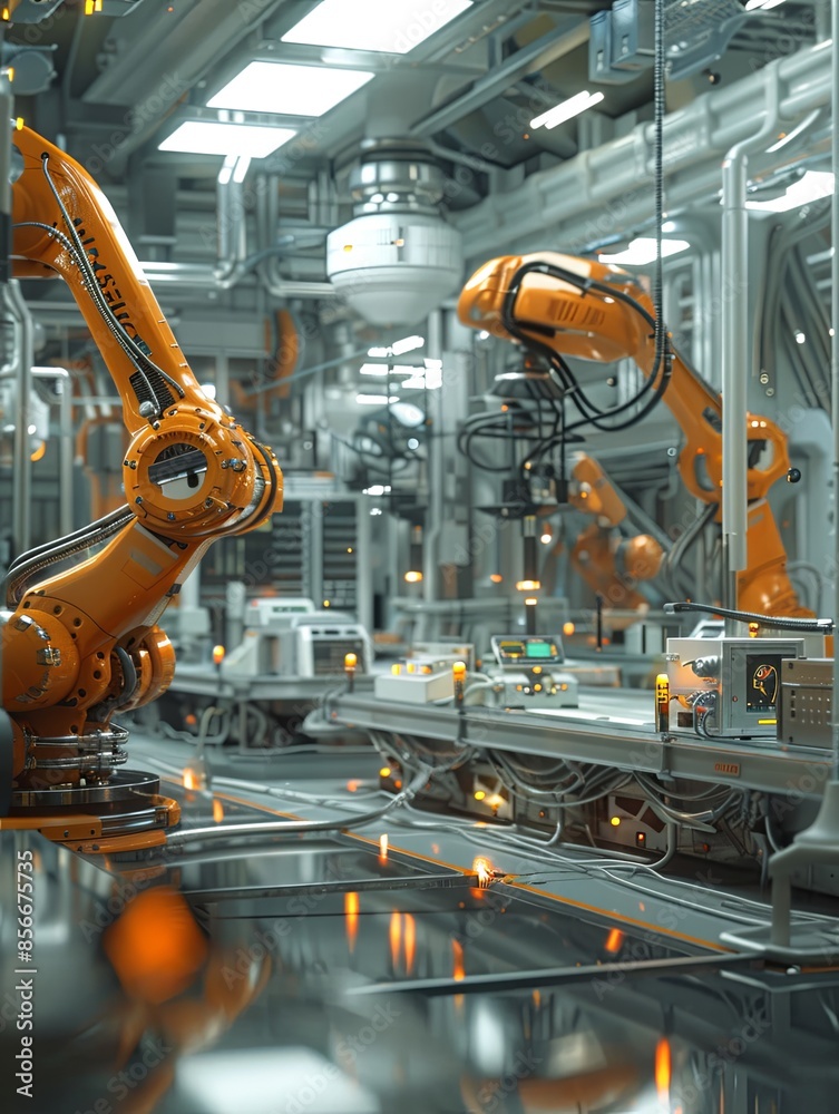 Fototapete A clean, high-tech manufacturing facility featuring robotic arms and automated systems, highlighting the efficiency of AI-driven production processes. Generative AI