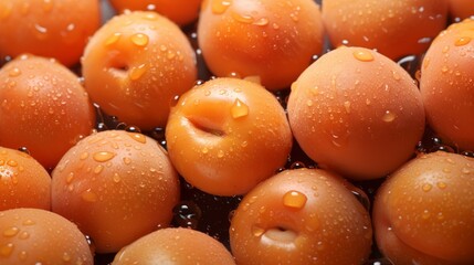 Background of bright beautiful juicy ripe orange apricots. Concept of summer harvest, canning. Fresh apricot fruit, with drops of water over it.