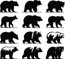 Bear silhouette, various poses of bear, standing, walking, sitting, wildlife, nature, animal, black, outline, wild, mammal, grizzly bear collection