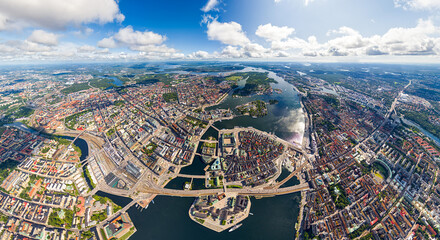 Stockholm, Sweden. Riddarholmen. Panorama of the city in summer in cloudy weather. Aerial view