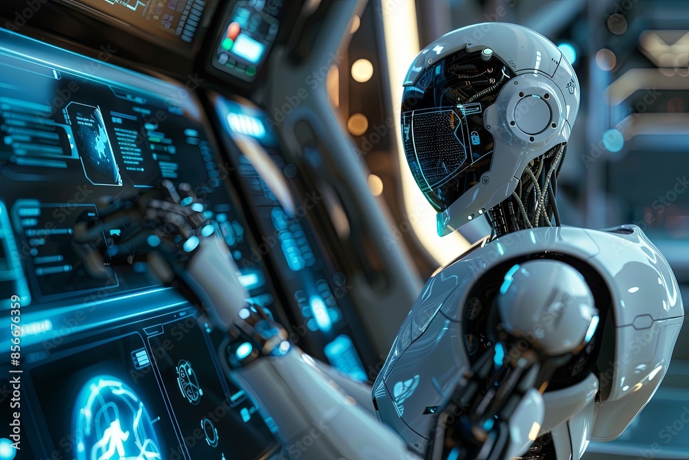 Fototapete A humanoid robot with a sleek, white design interacts with a touchscreen interface in a futuristic setting. The screen displays various AI functions and options. Generative AI