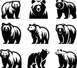 Bear silhouette, various poses of bear, standing, walking, sitting, wildlife, nature, animal, black, outline, wild, mammal, grizzly bear collection