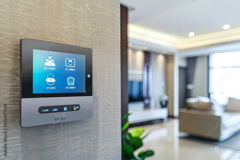 Poster A modern control panel with a touchscreen interface is mounted on a sleek wall in a contemporary smart home. Generative AI
