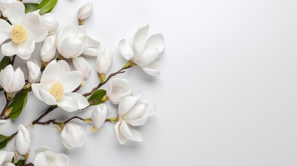 Obraz premium Beautiful blooming white magnolia flowers, spring background. White spring flowers on a branch, background with space for copy, text and advertising