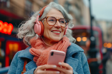 Fototapeta premium Happy mature woman listening to music on headphones and holding a smartphone in her hands