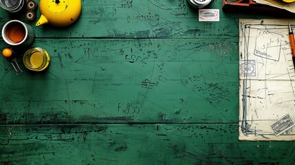 red pen with ink bottles on a green background