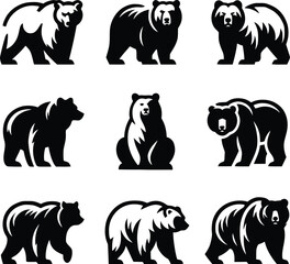 Bear silhouette, various poses of bear, standing, walking, sitting, wildlife, nature, animal, black, outline, wild, mammal, grizzly bear collection