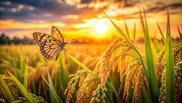 Vibrant orange sunset illuminates a serene rice field where a delicate butterfly, with intricately patterned wings, perches on a golden grain stalk.