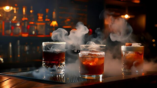 Smoked old fashioned rum cocktail with cubes of ice around on a dark background on a bar in a club or pub. Cocktail drinks served in glass with smoke 4k