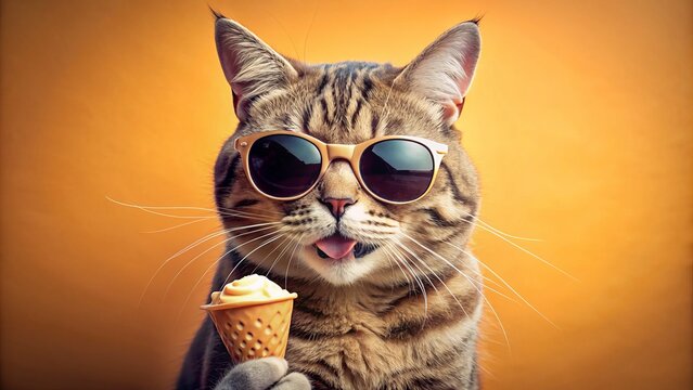 Adorable whiskered feline model flaunts trendy shades, indulges in creamy treat, and radiates carefree summer vibes against a warm apricot backdrop.