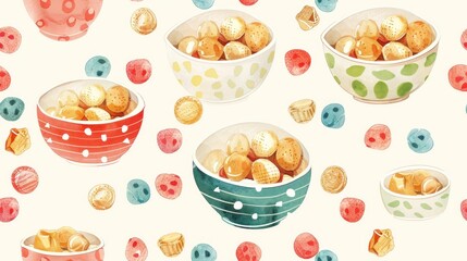 Colorful Bowls of Cereal with Scattered Snacks