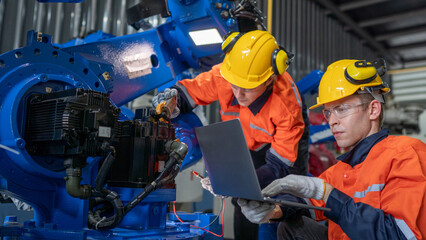 group of male engineer workers maintenance automatic robotic arm machine in a dark room factory....