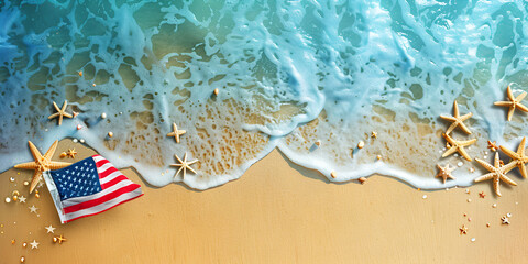 American Flag on Beach with Starfish, Patriotic Beach Scene with Flag
