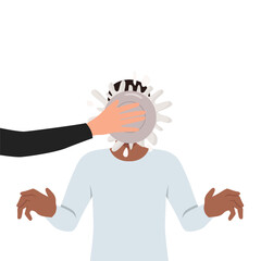 Person throw pie in man face make fun of friend or colleague. Flat vector illustration isolated on white background