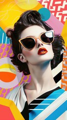 80s inspired illustration of a model with sunglasses, surrounded by colorful geometric patterns, capturing the essence of retro fashion