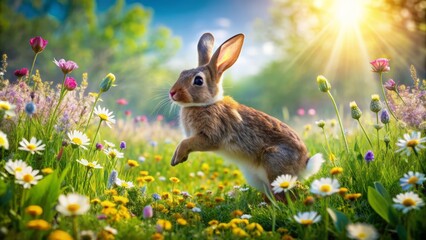 Vibrant green meadow with a solitary rabbit hopping amidst blooming wildflowers, symbolizing spring and easter joy, against a serene sunny april background.