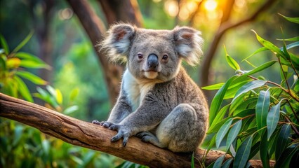 Fototapeta premium Adorable australian koala sits comfortably on a sturdy eucalyptus tree branch, its soft grey fur blending with the leafy green surroundings in a serene forest setting.