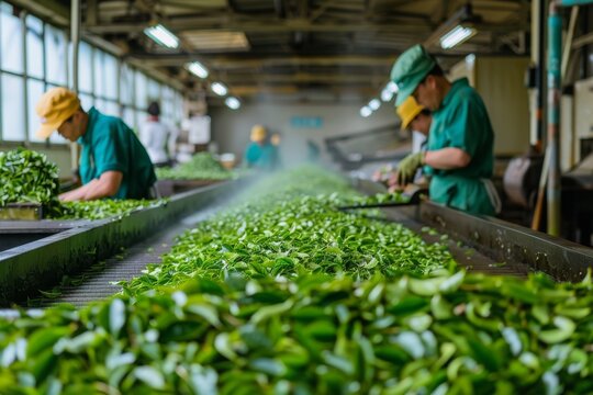 Factory filled with green plants, workers picking tea leaves