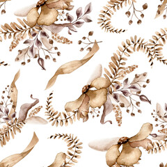 Seamless pattern with flowers on palm leaf monochrome in watercolor brown color. Abstract plants in sienna color on endless background. Fantasy branches hand drawn. Design for textile, backdrop