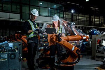 team engineers inspecting on machine with smart tablet. Worker works at heavy machine robot arm. The welding machine with a remote system in an industrial factory. Artificial intelligence concept.