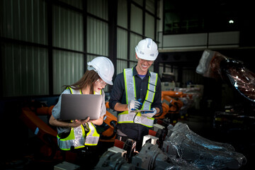 team engineers inspecting on machine with smart tablet. Worker works at heavy machine robot arm. The welding machine with a remote system in an industrial factory. Artificial intelligence concept.