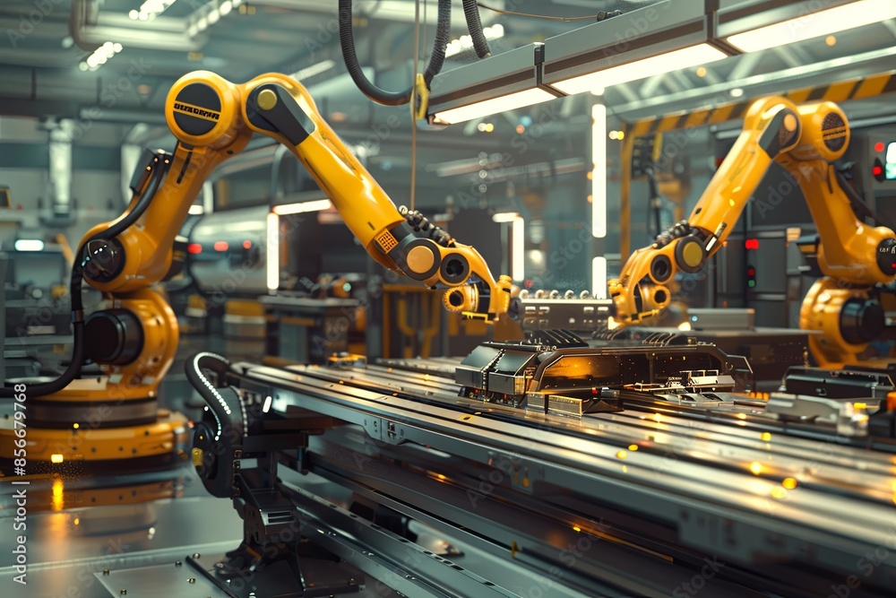 Poster An image showcasing a high-tech manufacturing plant where robotic arms work alongside automated systems, controlled by AI to optimize production processes. Generative AI