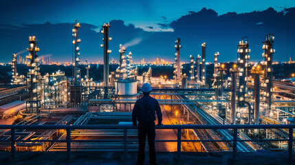 A stunning twilight scene of an oil refinery gas petrol plant industry with a crude oil tank and gasoline supply. 